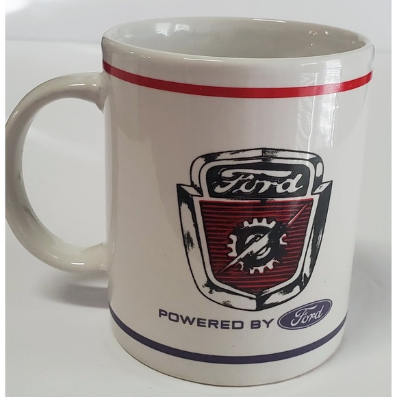 Ford Motor Coffee Mug Retro White/Red Stripe w/ Black Ford Emblem & Logos - Picture 2 of 9